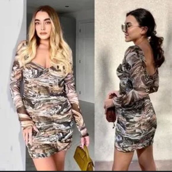 Zara Marble Ruched Mesh Bodycon Mini Dress XL - Picture 3 of 6